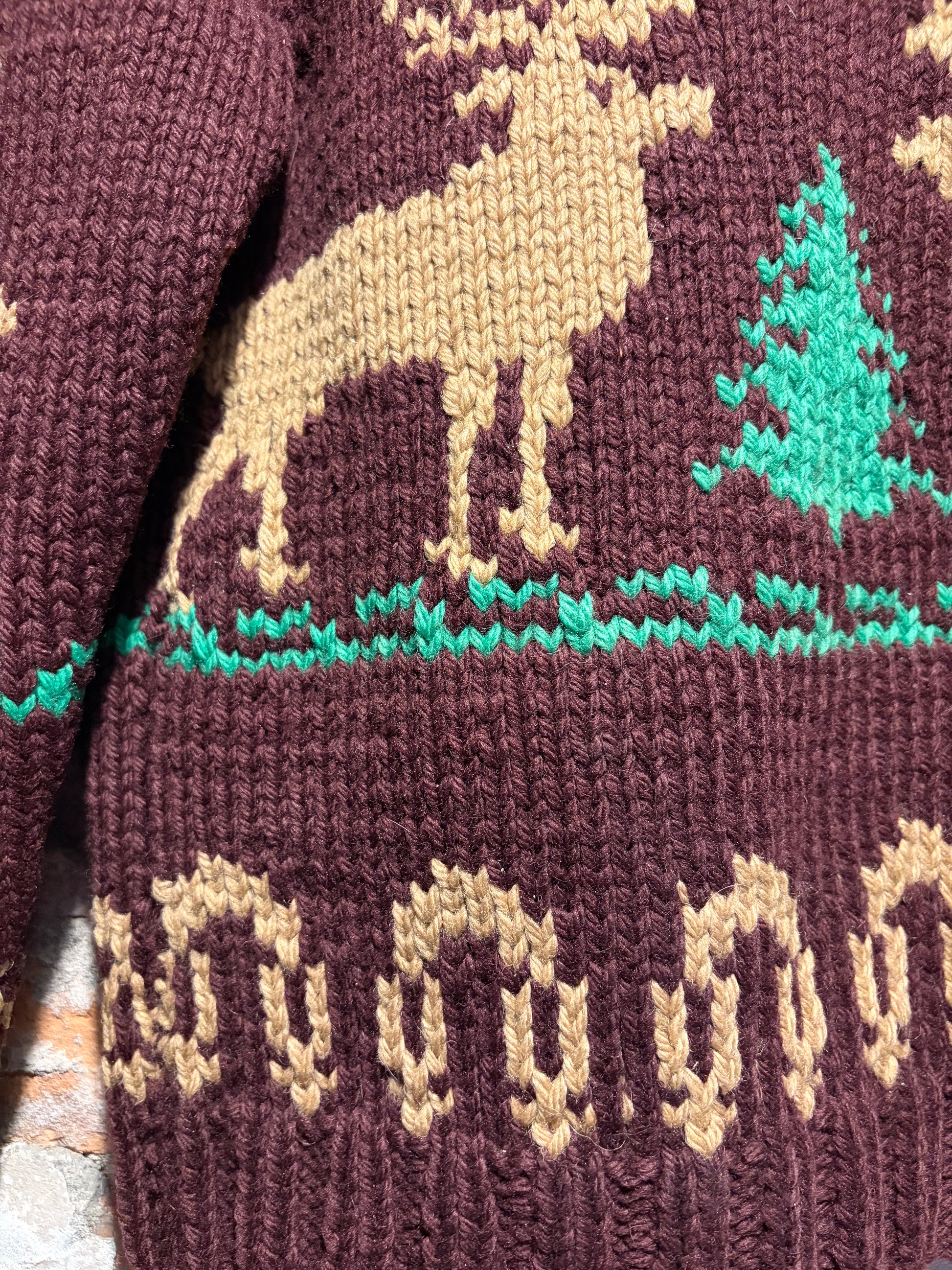 Wear on Vintage Chocolate Deer Cowichan Style Sweater Sz S